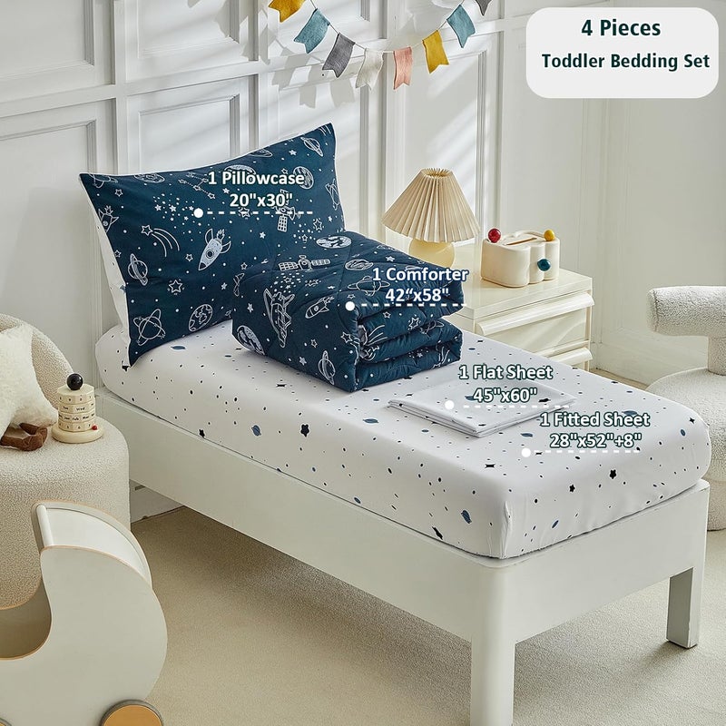 DuShow 4 Pieces Toddler Bedding Set for Boy,Space Toddler Bed Comforter Set,Soft and Breathable Microfiber Crib Sheet Set,Includes Quilted Comforter, Flat Top Sheet, Fitted Sheet, Envelope Pillow Case -Blue - Image 3